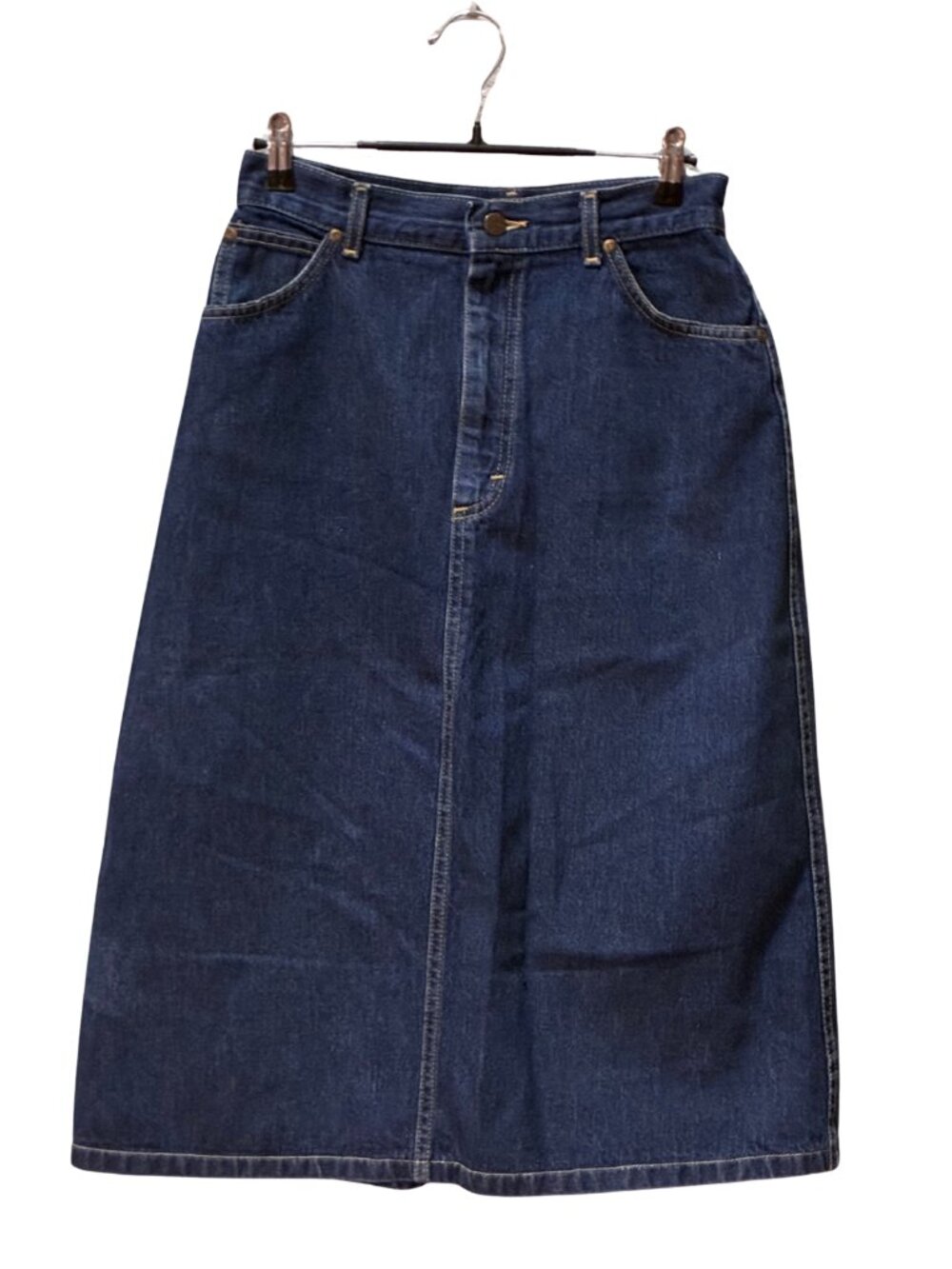 Vintage L.L. Bean Dark Wash Denim Five Pocket Midi Skirt High Waisted Size 10